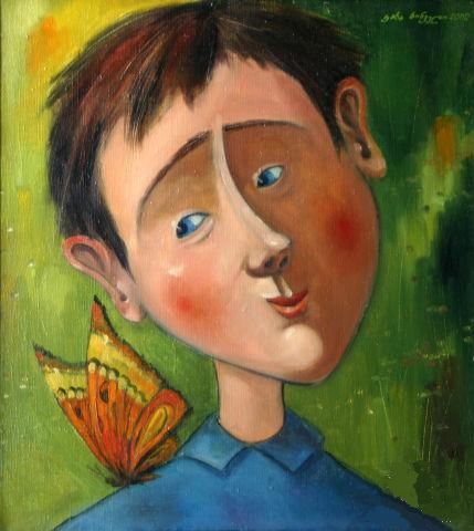 Бабочка и мальчик - Painting, 52x47 cm ©2000 by Kakha Khinveli -
Naive Art