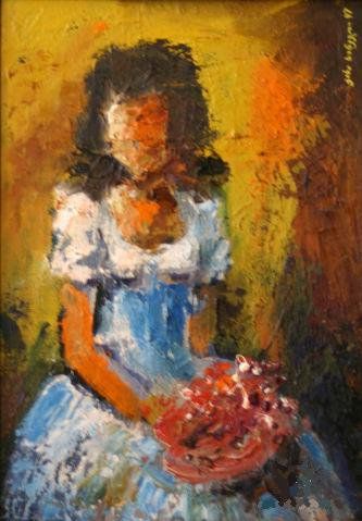 Девочка и цветы - Painting, 35x25 cm ©1997 by Kakha Khinveli -
Figurative Art