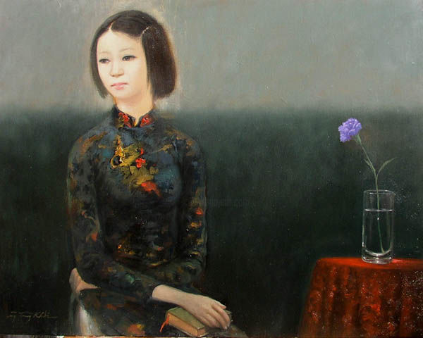 Painting titled "WOMEN AND VIOLET CA…" by Khoi Nguyen, Original Art, Oil