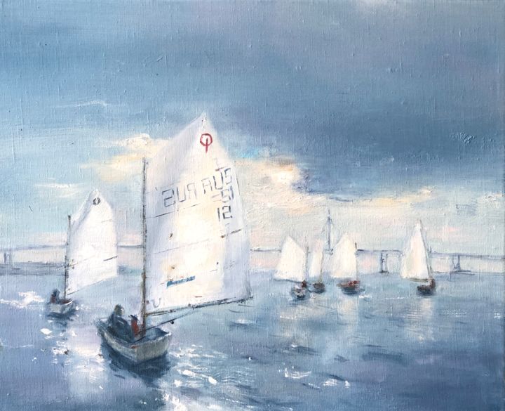 Painting titled "Regatta" by Olga Kholodova, Original Artwork, Oil Mounted on Wood Stretcher frame