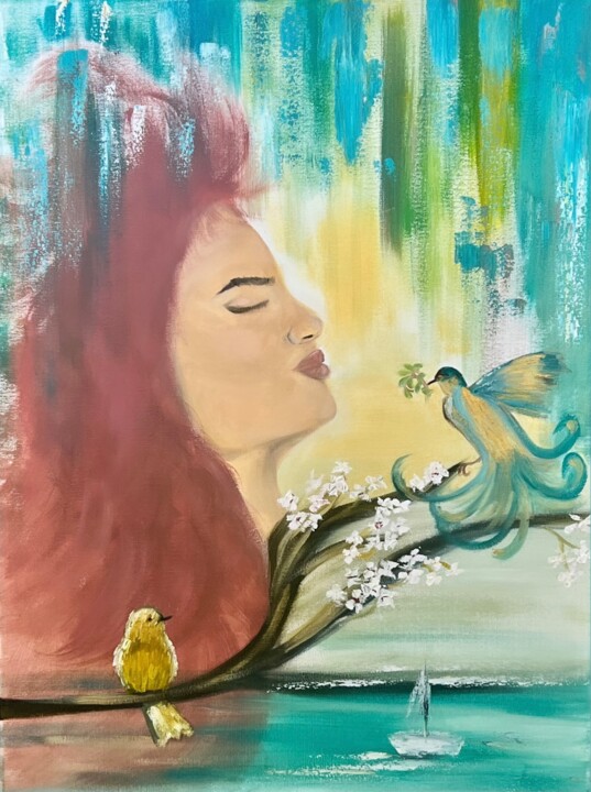 Painting titled "Her Dreams" by Kholoud Androwis, Original Artwork, Oil Mounted on Wood Stretcher frame