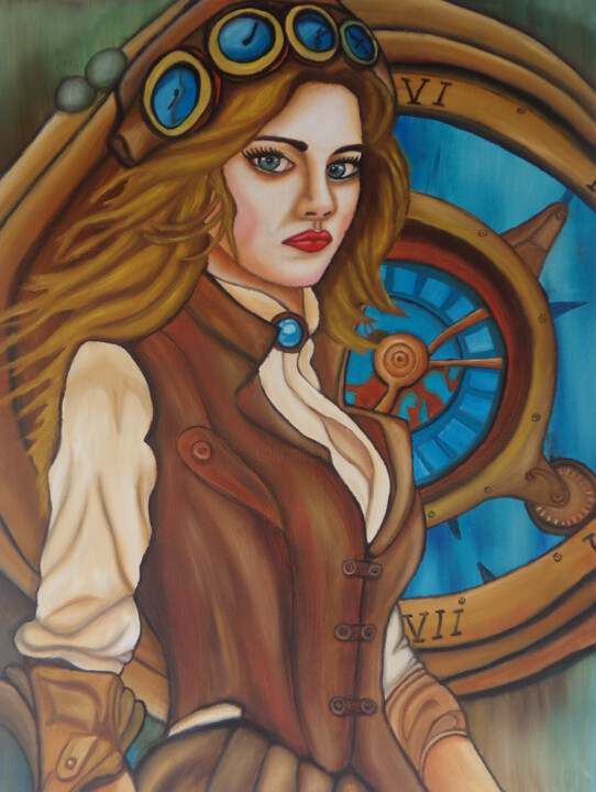Painting titled "female pilot" by Khrestos Papanastasiou, Original Artwork, Oil Mounted on Wood Stretcher frame