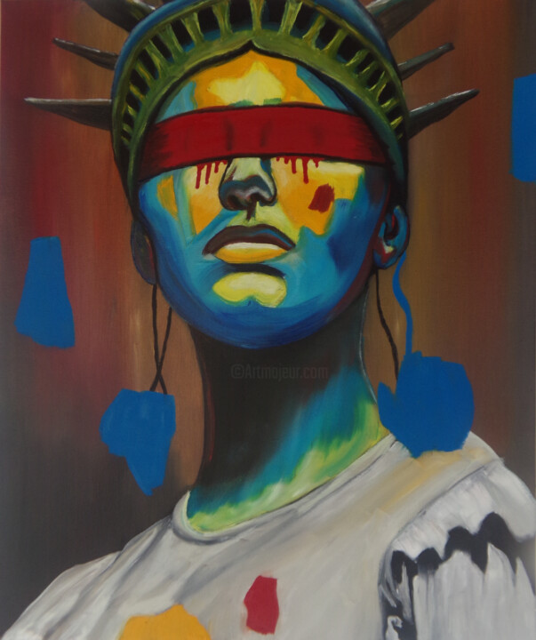 Painting titled "Statue of Liberty" by Khrestos Papanastasiou, Original Artwork, Oil Mounted on Wood Stretcher frame