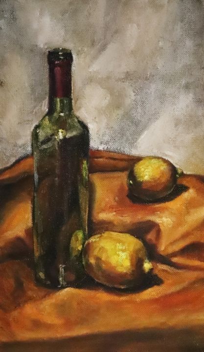 Peinture intitulée "Lemon and bottle" par Khrisbalu, Œuvre d'art originale, Huile