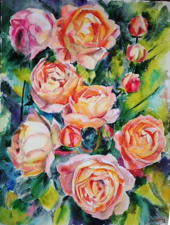 Картина под названием "Roses2" - Khrystyna Dransfeld, Подлинное произведение искусства, Акварель