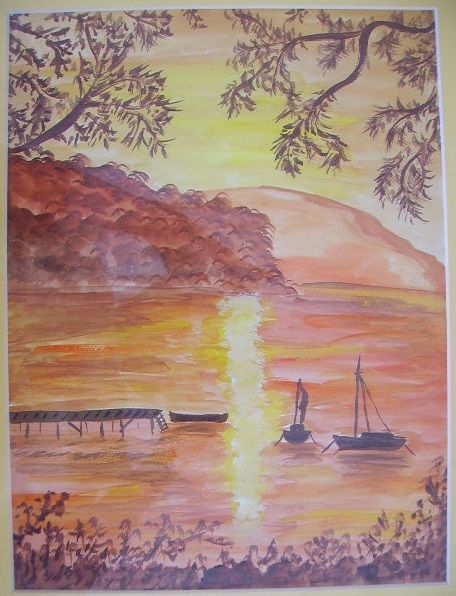 Peinture intitulée "Coucher de soleil d…" par Kio Kio, Œuvre d'art originale, Gouache