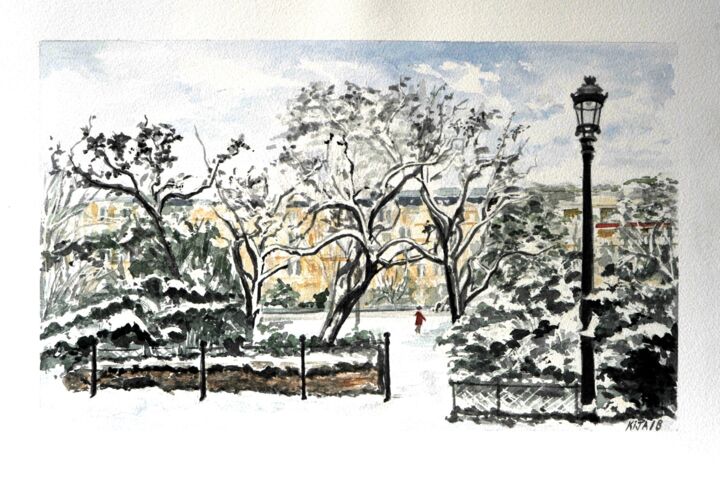 Картина под названием "La neige à Paris" - Kija, Подлинное произведение искусства, Акварель