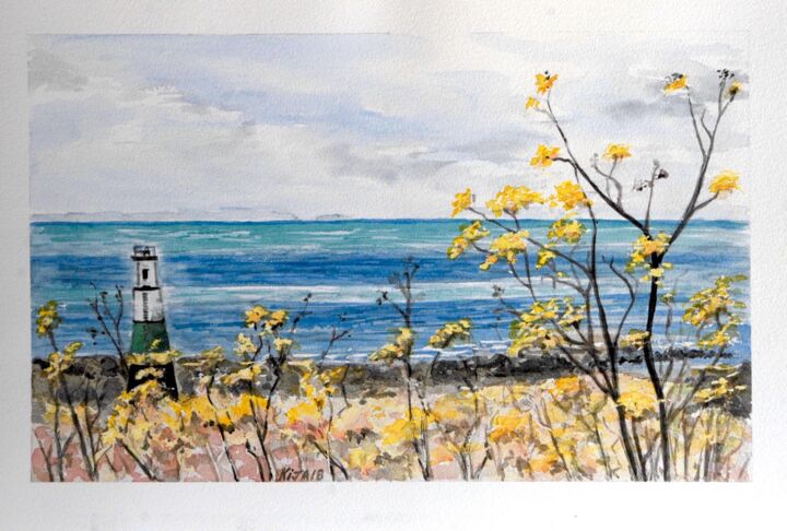 Painting titled "En bas, le phare de…" by Kija, Original Artwork, Watercolor