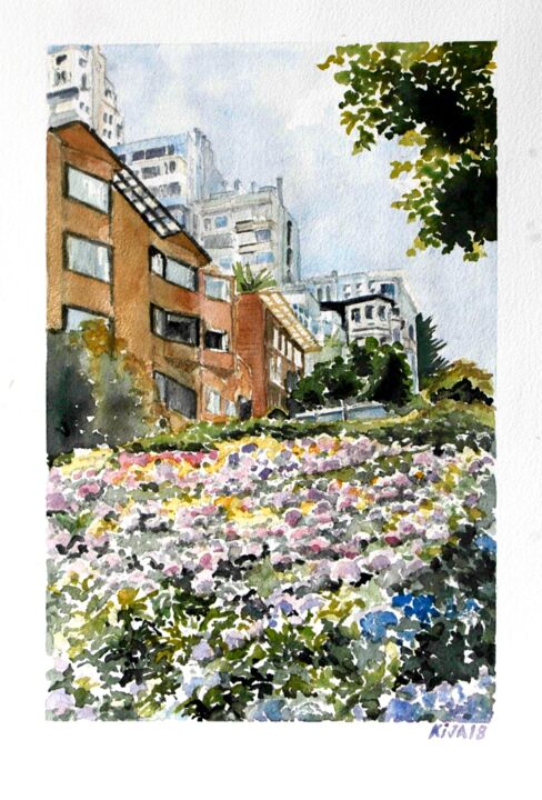 Malerei mit dem Titel "Lombard street à Sa…" von Kija, Original-Kunstwerk, Aquarell