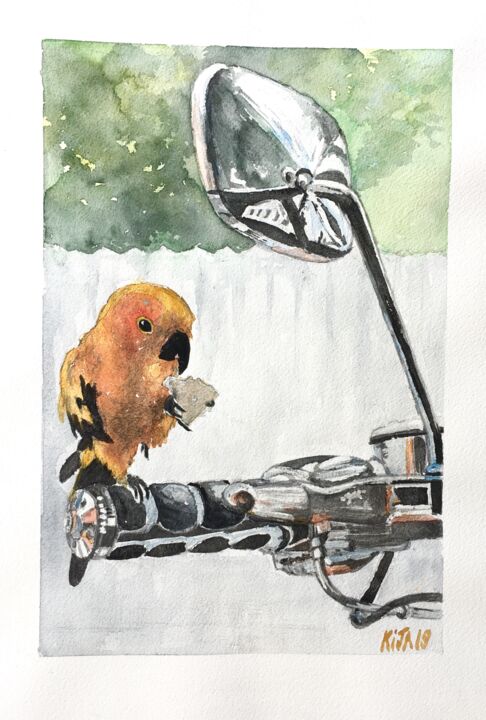 绘画 标题为“La perruche du biker” 由Kija, 原创艺术品, 水彩