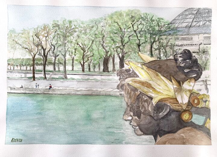 Peinture intitulée "Nymphe du pont Alex…" par Kija, Œuvre d'art originale, Aquarelle