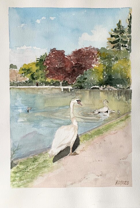 Painting titled "Le cygne surveille…" by Kija, Original Artwork, Watercolor