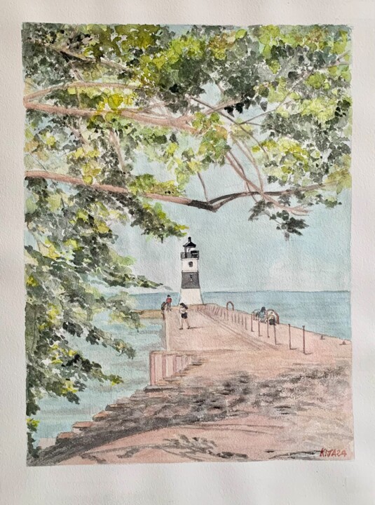 Painting titled "Le phare « presque…" by Kija, Original Artwork, Watercolor
