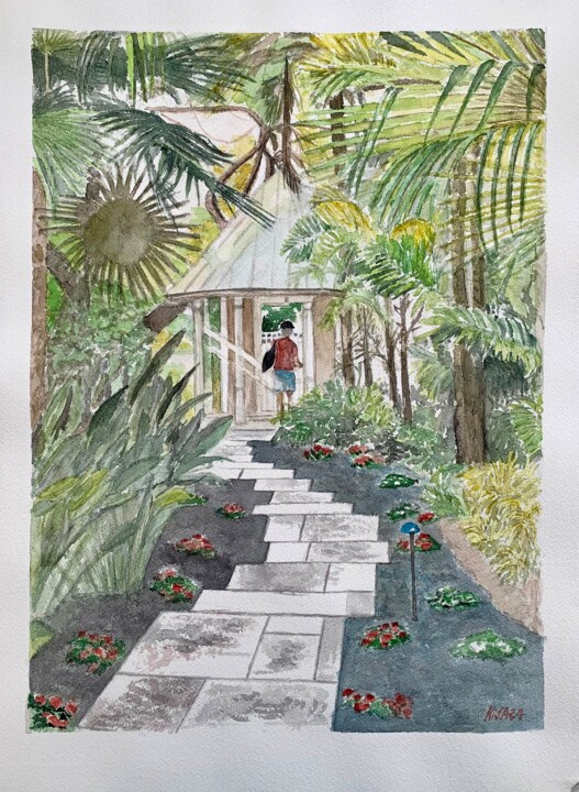 Painting titled "Un jardin à Key Wes…" by Kija, Original Artwork, Watercolor