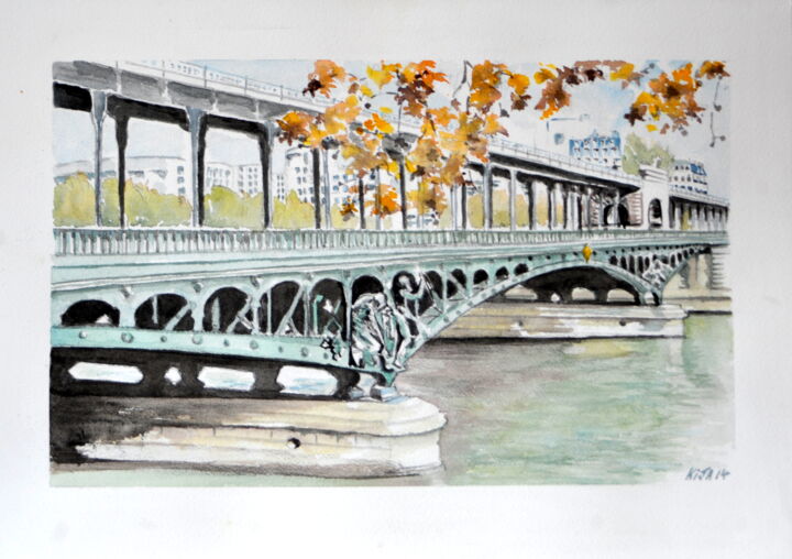 Schilderij getiteld "Le pont Bir Hakeim" door Kija, Origineel Kunstwerk, Aquarel