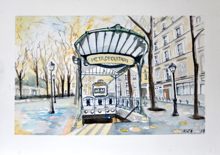 Painting titled "Station de métro Ab…" by Kija, Original Artwork, Watercolor