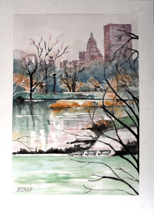 Peinture intitulée "L'hiver à Central P…" par Kija, Œuvre d'art originale, Aquarelle