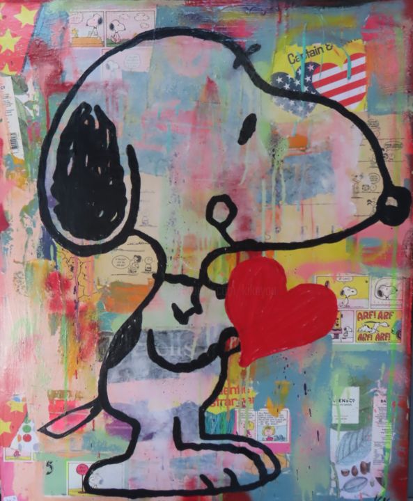 Pintura titulada "SNOOPY AMOUREUX" por Kikayou, Obra de arte original, Acrílico Montado en Bastidor de camilla de madera