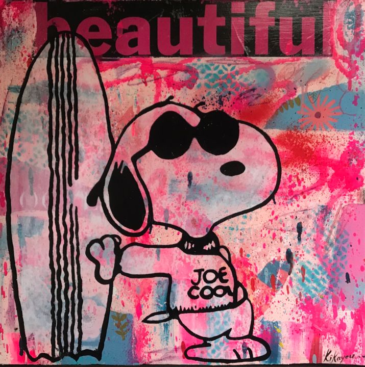 Peinture intitulée "SNOOPY SURFEUR" par Kikayou, Œuvre d'art originale, Acrylique Monté sur Châssis en bois