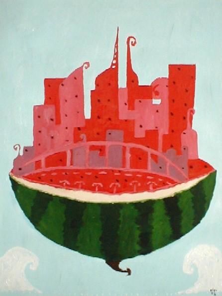 Painting titled "Watermelon World" by Kiki Poppies, Original Artwork, Oil