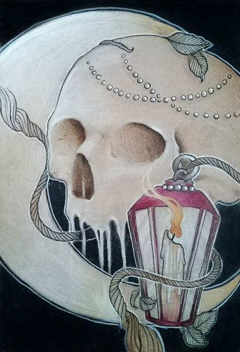 Disegno intitolato "Skull and lantern" da Kiki Van Marrewijk, Opera d'arte originale, Matita