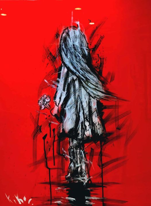 Painting titled "Red Girl" by Kiko, Original Artwork, Acrylic Mounted on Wood Stretcher frame