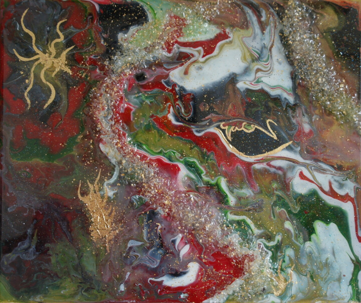 Painting titled "Dragon" by Kim Hannah, Original Artwork, Acrylic Mounted on Wood Panel