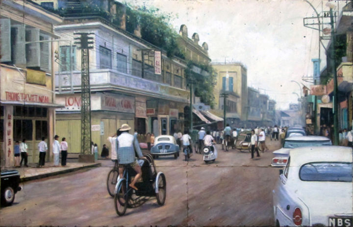 Pittura intitolato "Saigon street 70s b…" da Cau Vong Art Studio, Opera d'arte originale, Olio