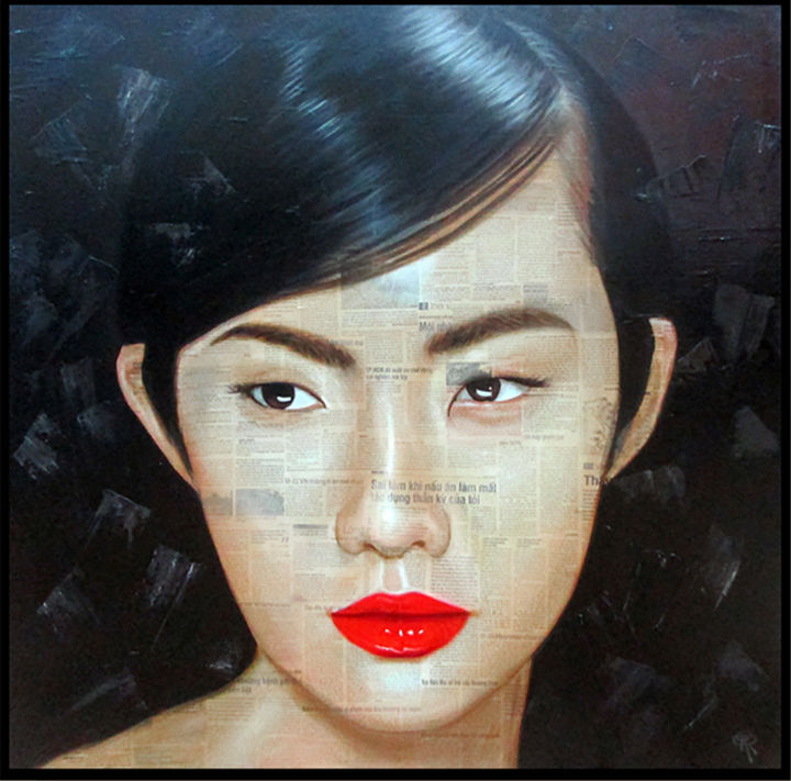 "Portrait on newspap…" başlıklı Tablo Cau Vong Art Studio tarafından, Orijinal sanat, Petrol