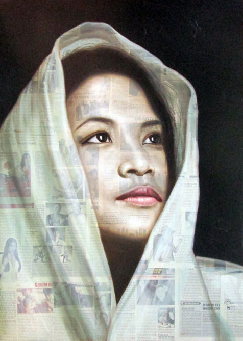Painting titled "White shawl by Lê A…" by Cau Vong Art Studio, Original Artwork, Oil