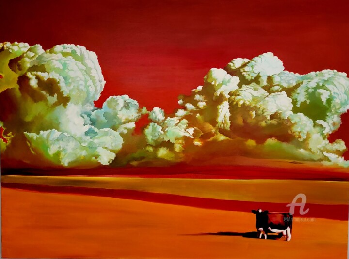 Painting titled "Lone Cow" by Kimberly Burnett, Original Artwork, Oil