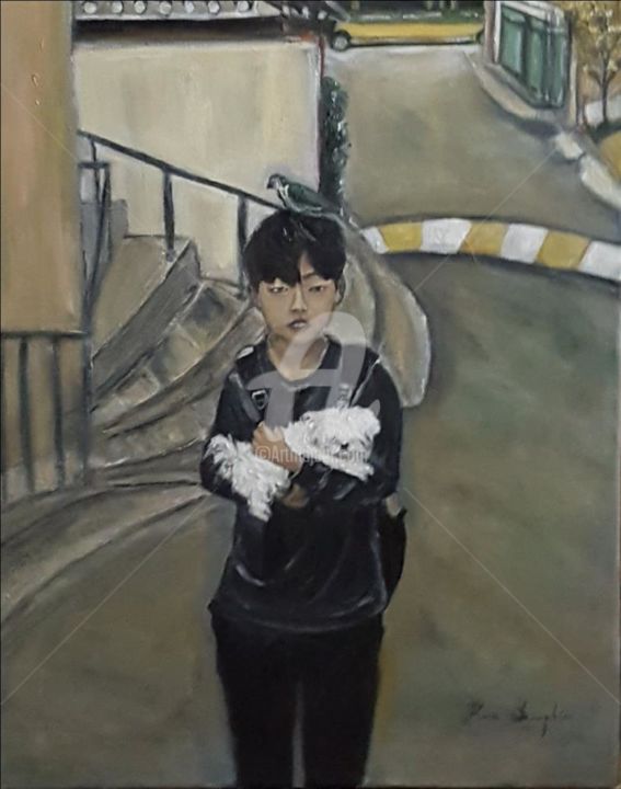 Malerei mit dem Titel "The little boy with…" von Kim Dauphin, Original-Kunstwerk, Acryl