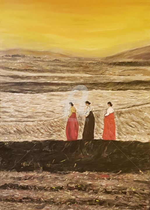 Malerei mit dem Titel "The three women in…" von Kim Dauphin, Original-Kunstwerk, Acryl