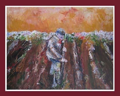 Pittura intitolato "Planting Potatoes" da Kim Mc Elhinney, Opera d'arte originale, Olio