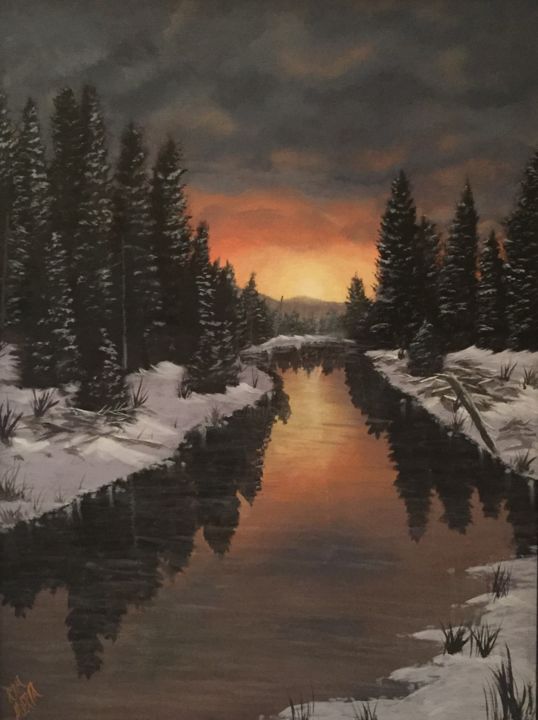 Painting titled "Snowy Pines" by Kim Stangle Huerta, Original Artwork, Acrylic