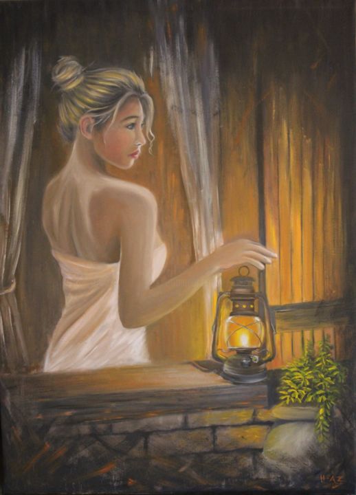 Painting titled "romantic in night" by Hendik Azharmoko, Original Artwork, Oil