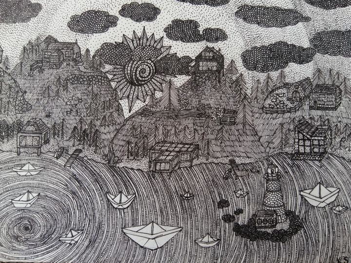 Rysunek zatytułowany „Paper ship's” autorstwa Kinga Skowrońska, Oryginalna praca, Długopis