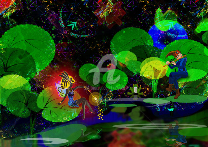 Grafika cyfrowa / sztuka generowana cyfrowo zatytułowany „森の泉で/ En la fuente…” autorstwa Kio, Oryginalna praca, 2D praca cyf…
