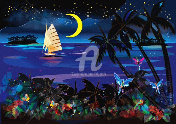 Digital Arts titled "Llegando a la isla…" by Kio, Original Artwork, Digital Painting