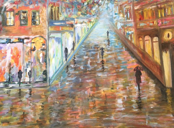 Картина под названием "В свете мокрых улиц" - Lidija Butenko, Подлинное произведение искусства, Масло