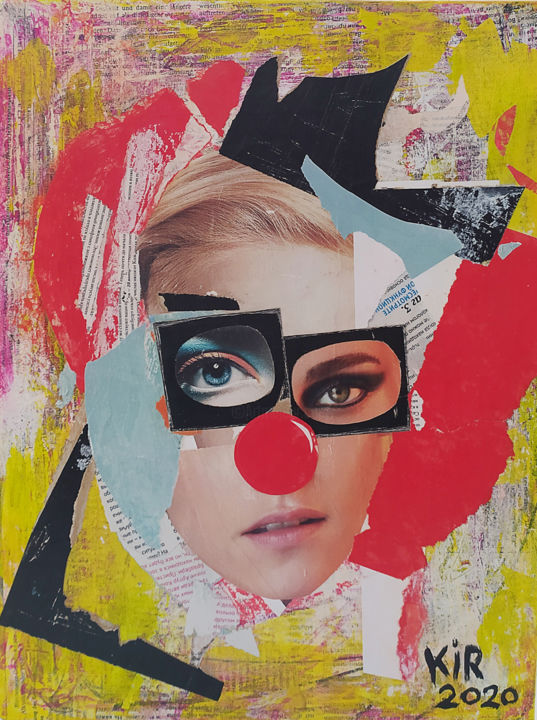 Collages titled "Clown" by Kirill Piskunov, Original Artwork, Collages Mounted on Wood Stretcher frame