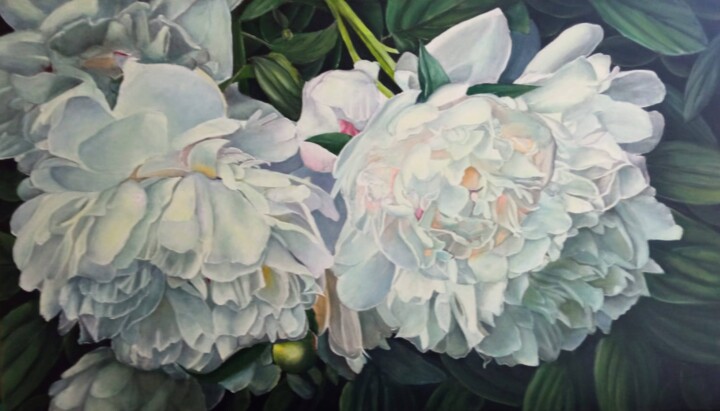 Painting titled "White peonies. Clos…" by Kirill Shevchenko, Original Artwork, Acrylic