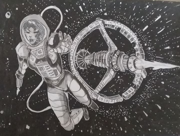 Desenho intitulada "conquête de l'espace" por Sarah Bouzaglou Boissin, Obras de arte originais, Tinta