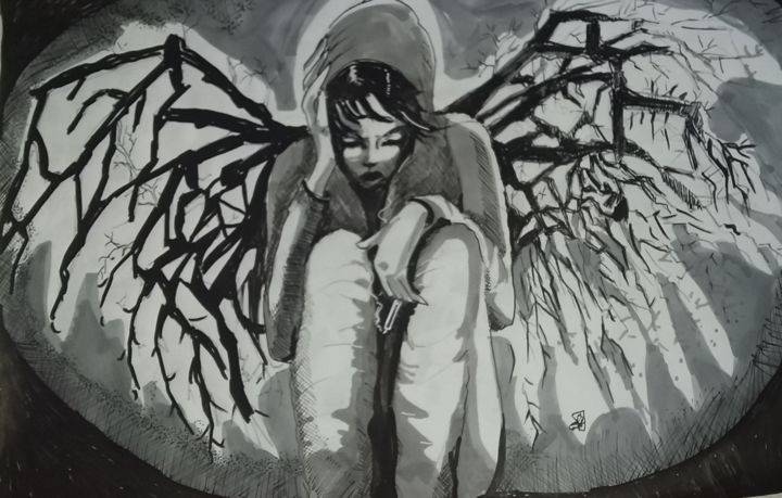 Dibujo titulada "ange déchu" por Sarah Bouzaglou Boissin, Obra de arte original, Grafito