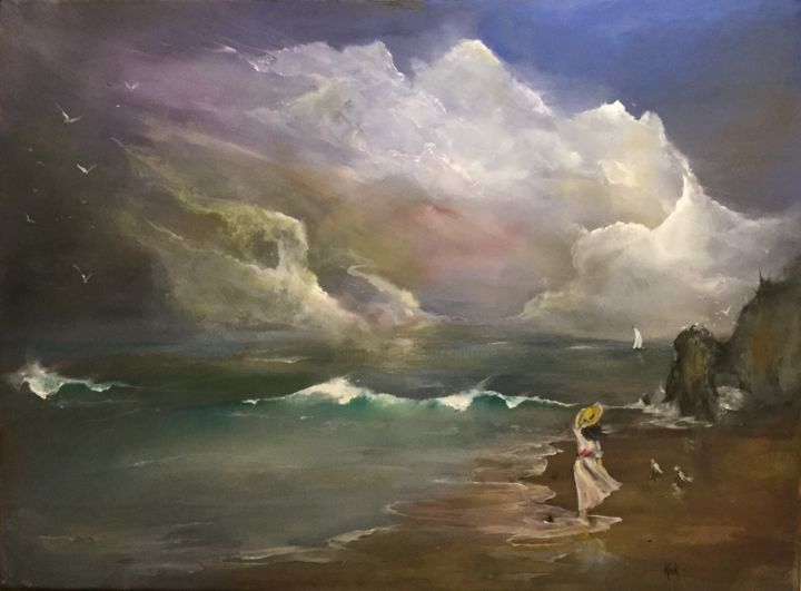 Malerei mit dem Titel "Sunset beach" von Kirk Ruse, Original-Kunstwerk, Öl
