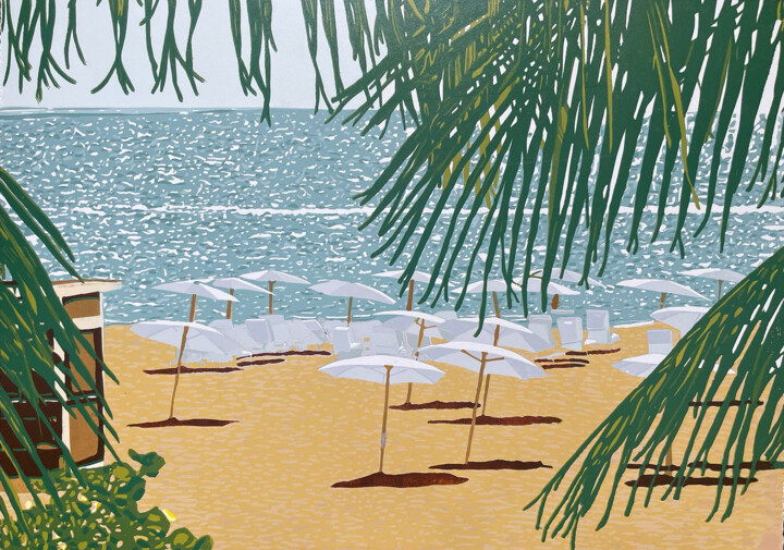 Printmaking titled "Beach Umbrellas" by Kirstie Dedman, Original Artwork, Linocuts