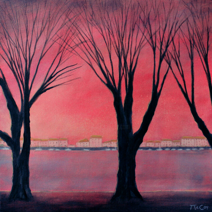 Painting titled "Sunset at Place de…" by Kirstin Mccoy, Original Artwork, Oil Mounted on Wood Stretcher frame