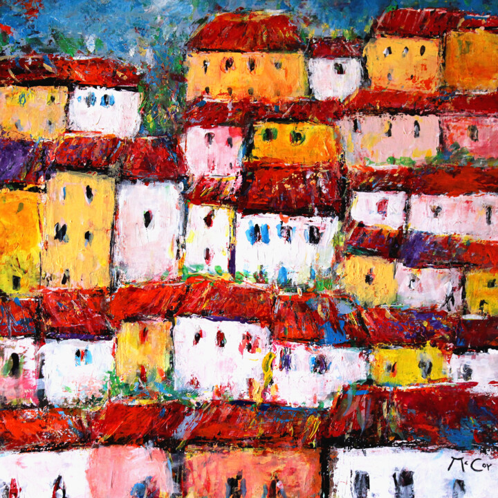 Painting titled "Maisons" by Kirstin Mccoy, Original Artwork, Oil Mounted on Wood Stretcher frame