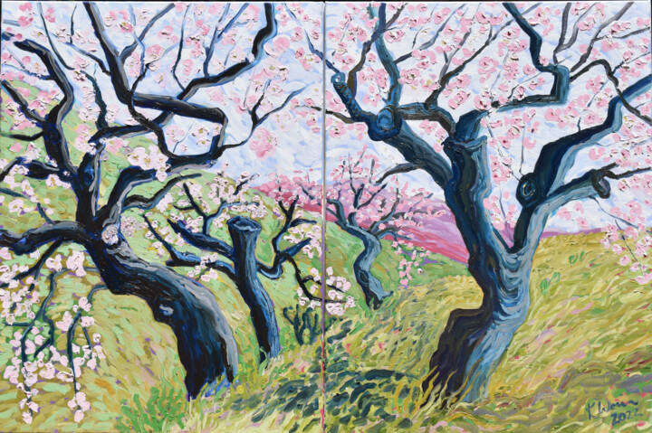 Painting titled "Almond blossom in A…" by Kirsty Wain, Original Artwork, Oil Mounted on Wood Stretcher frame