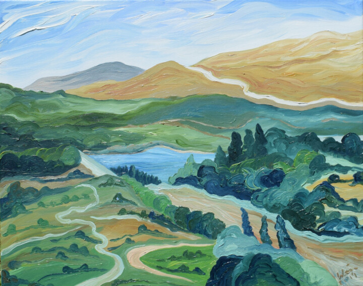 Malarstwo zatytułowany „Andalucia Landscape” autorstwa Kirsty Wain, Oryginalna praca, Olej Zamontowany na Drewniana rama nos…